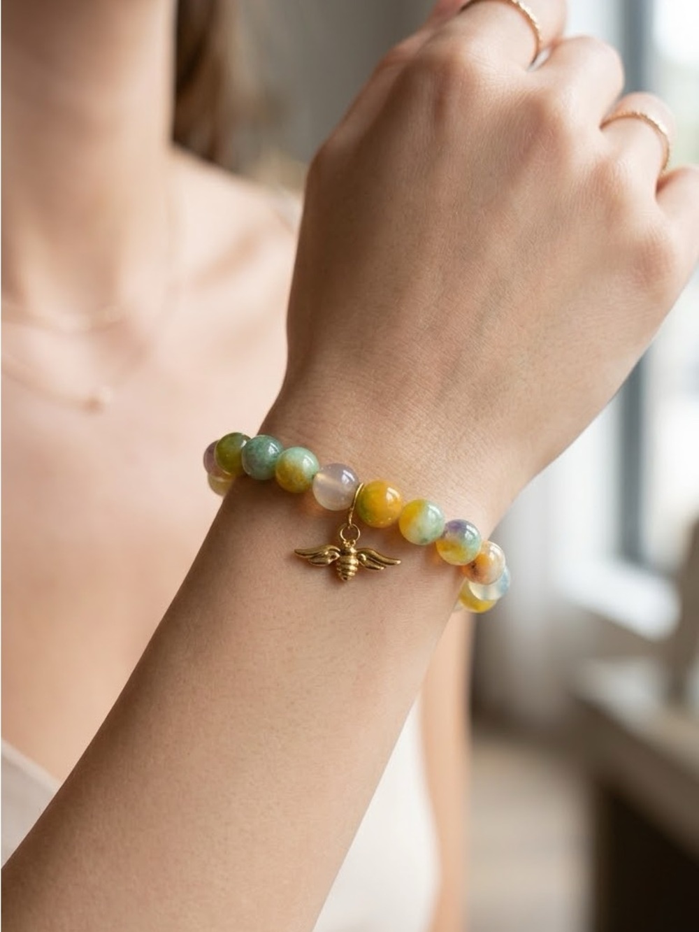 Gold Tone Bee Charm Multicolor Jade Stretch Bracelet - Women's Jewelry